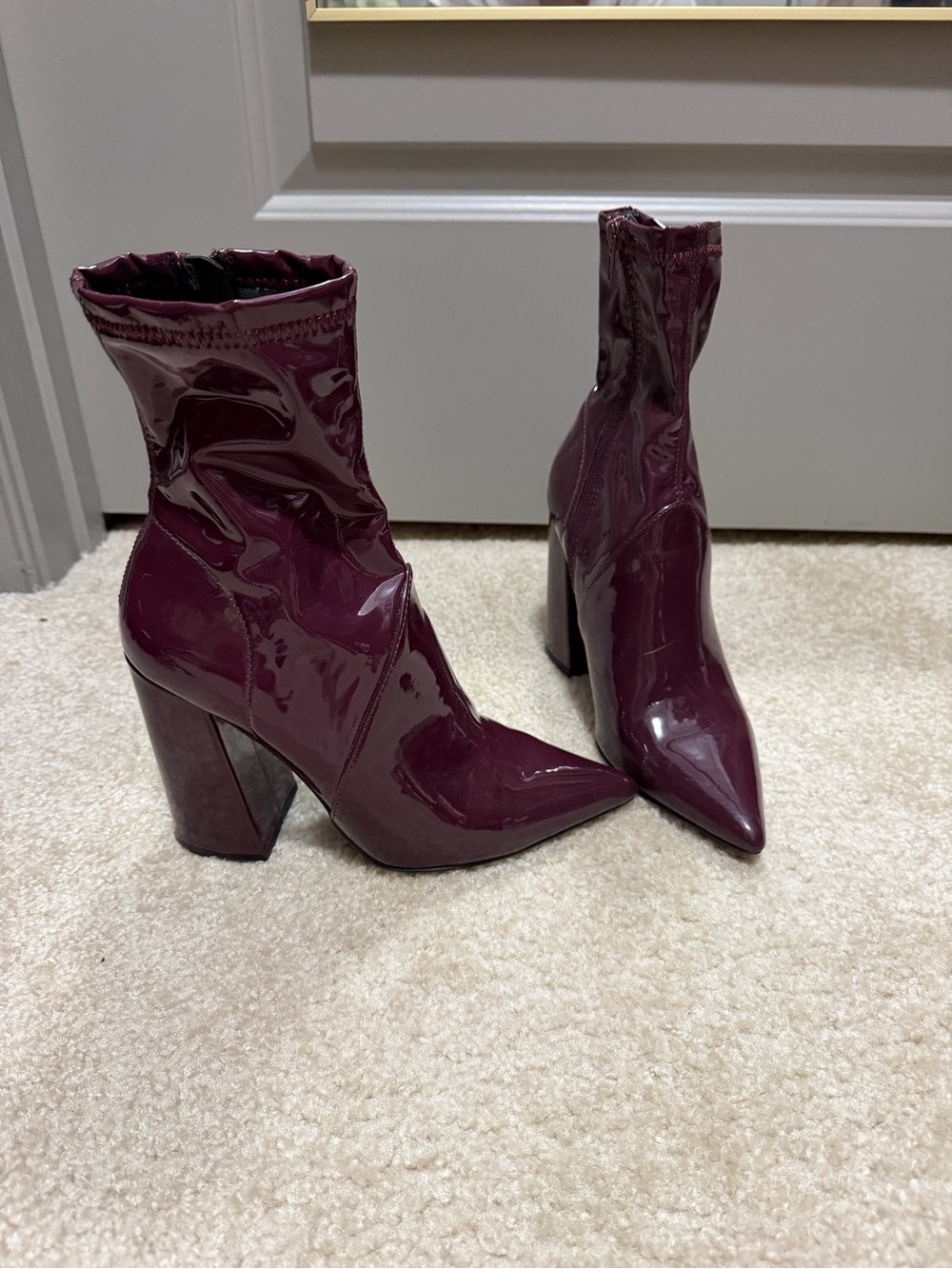Steve Madden Patent Pointed Sock Boot in Burgundy